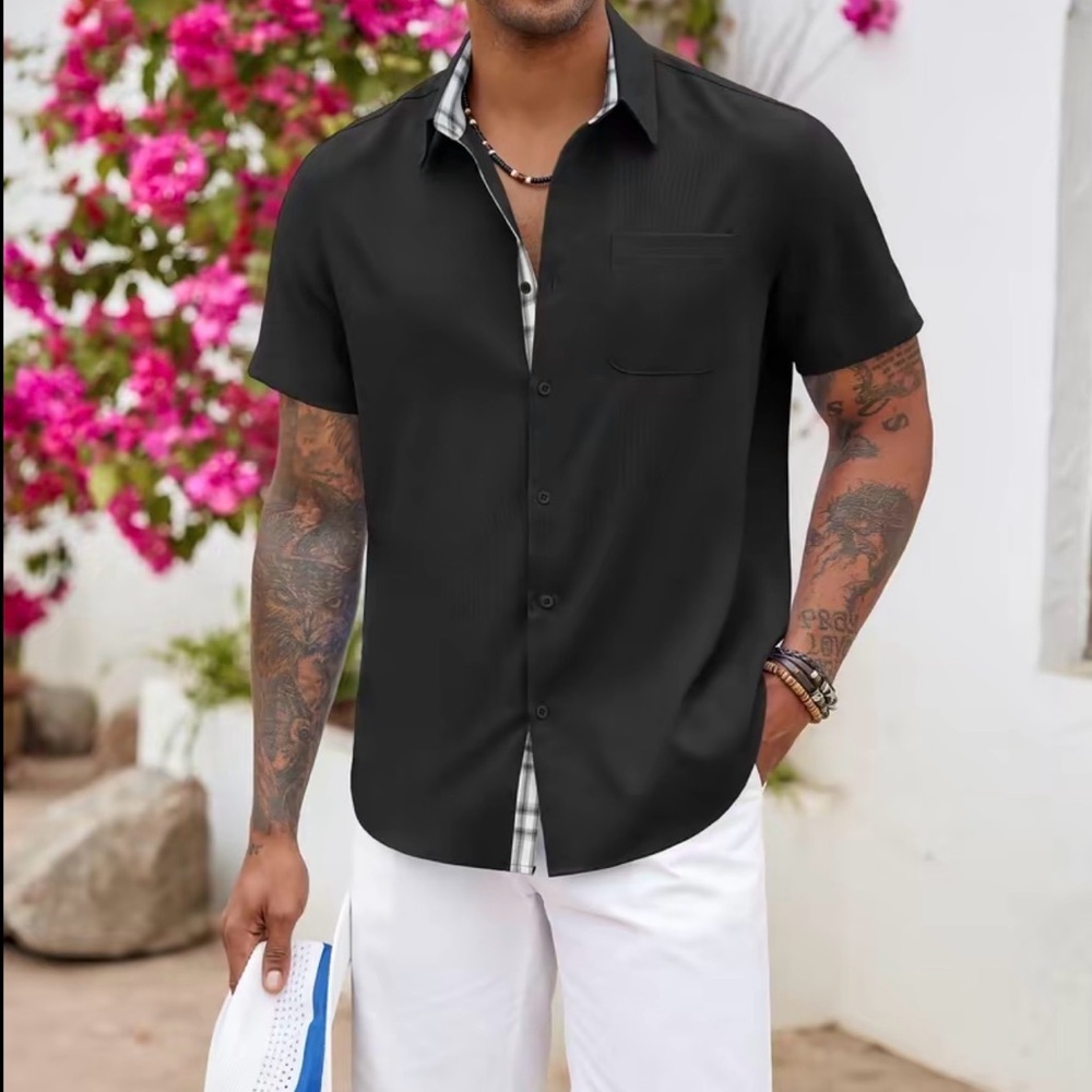 Coofandy Men's Black Short Sleeve Button-Up Shirt - Modern Casual Sz M